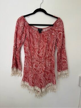 Festival Bell Sleeve Red Paisley Fringe Boho One Piece Jumper